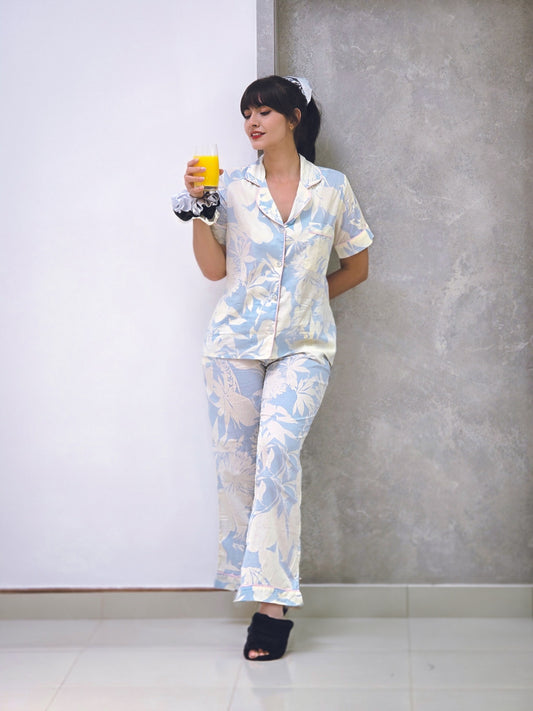 Pijama  estampado azul cielo y beige Pantalón y camisa REF AQUA - Estilo y confort